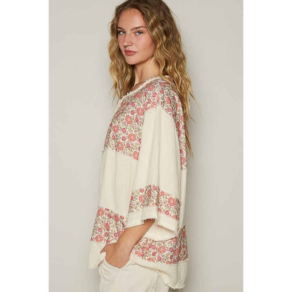 POL Cream 3/4 Sleeve Roomy Fit Henley Top with Floral Contrast - Picture 5 of 10